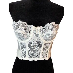 Vintage Fleur De Lace Smoothie White Romantic Bustier Strapless Bra Corset 34A